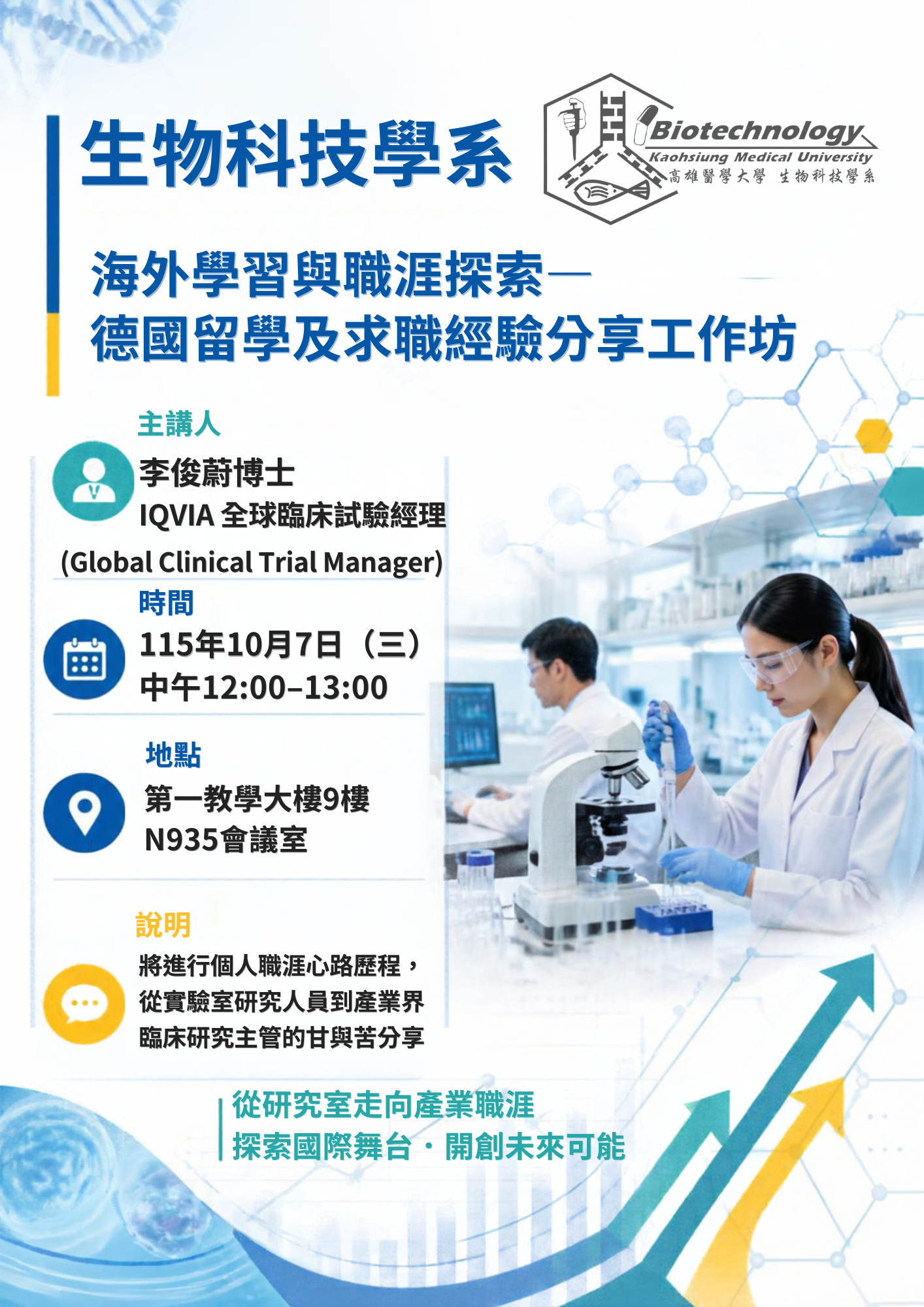 生物科技學系海外留學與職涯分享工作坊海報N935 1151007